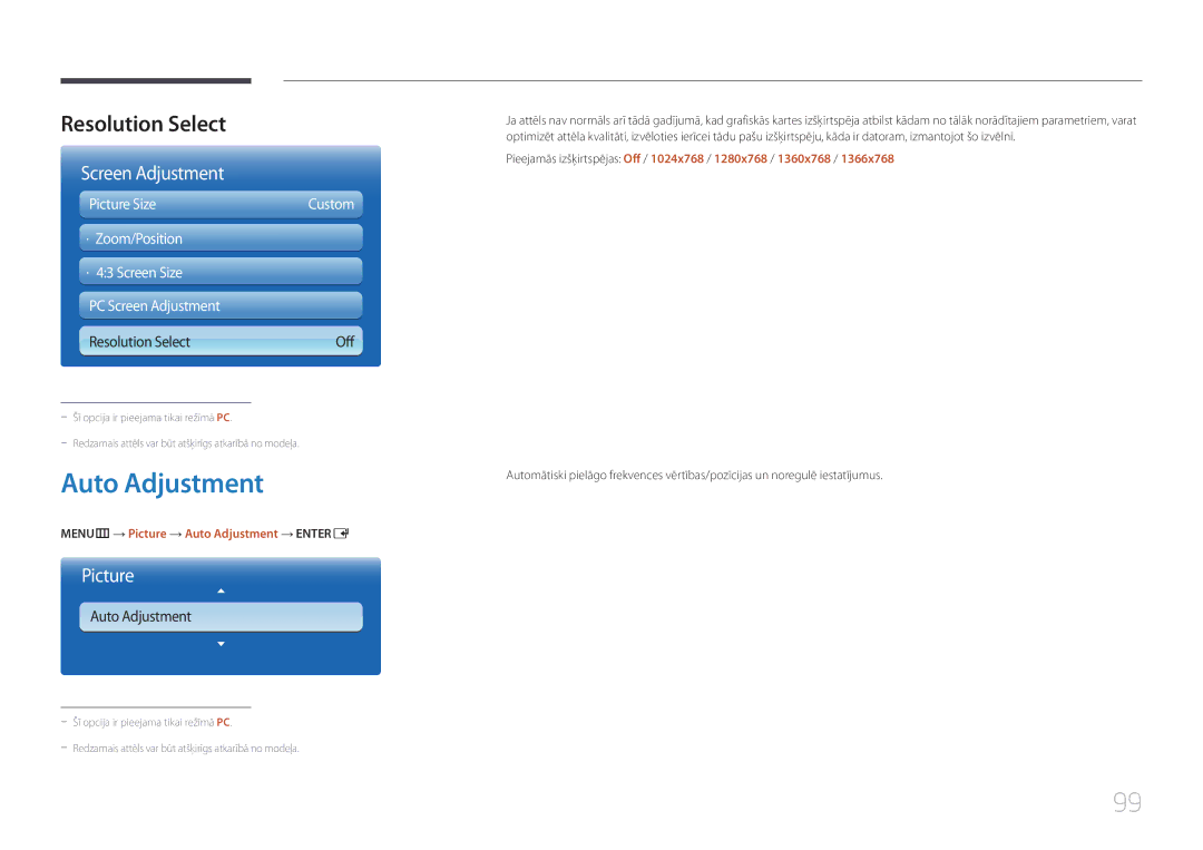 Samsung LH40MECPLGC/EN manual Auto Adjustment, Resolution Select, · Zoom/Position · 43 Screen Size PC Screen Adjustment 