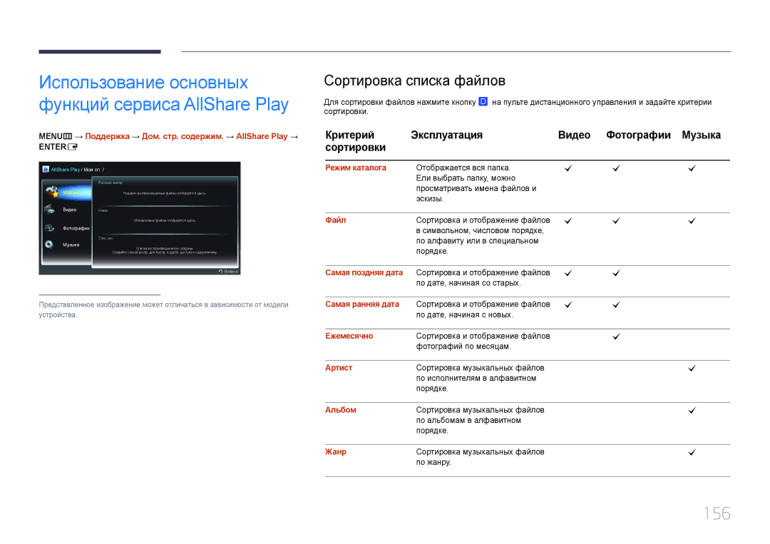 Samsung LH32MECPLGC/EN manual 156, Сортировка списка файлов, Критерий Эксплуатация Видео Фотографии Музыка Сортировки 