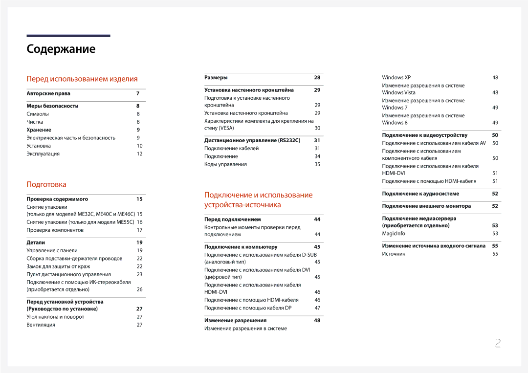 Samsung LH46MECPLGC/EN, LH32MECPLGC/EN, LH55MECPLGC/EN, LH40MECPLGC/EN manual Содержание 