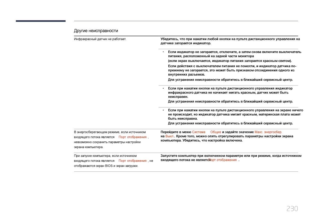 Samsung LH46MECPLGC/EN, LH32MECPLGC/EN, LH55MECPLGC/EN, LH40MECPLGC/EN manual 230, Инфракрасный датчик не работает 