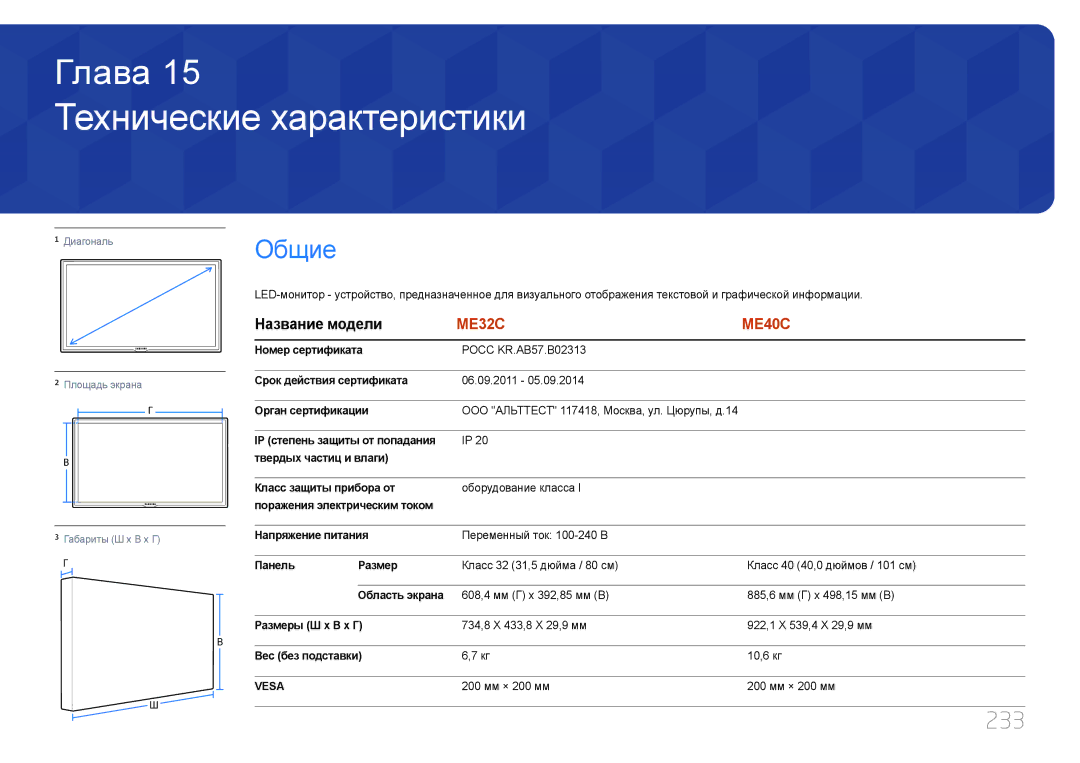 Samsung LH55MECPLGC/EN, LH32MECPLGC/EN, LH46MECPLGC/EN, LH40MECPLGC/EN manual Технические характеристики, 233, Название модели 