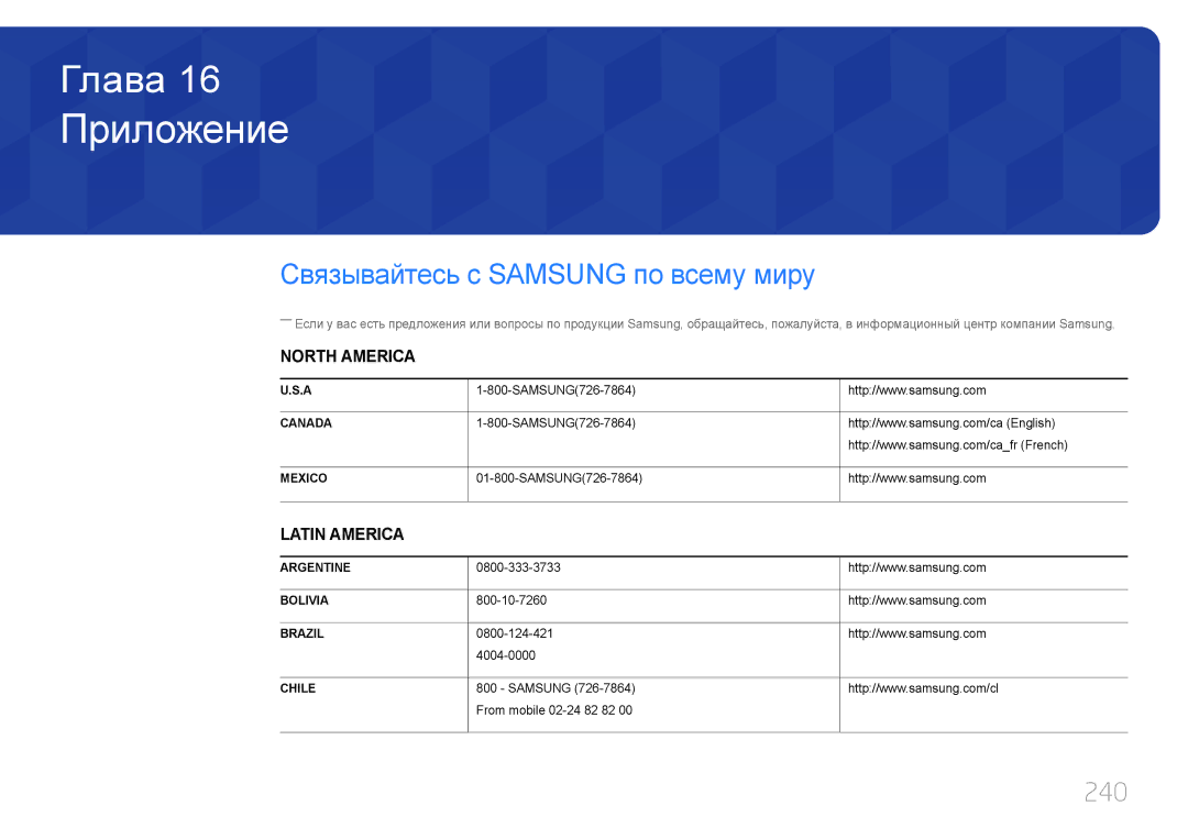 Samsung LH32MECPLGC/EN, LH55MECPLGC/EN, LH46MECPLGC/EN, LH40MECPLGC/EN Приложение, Связывайтесь с Samsung по всему миру, 240 