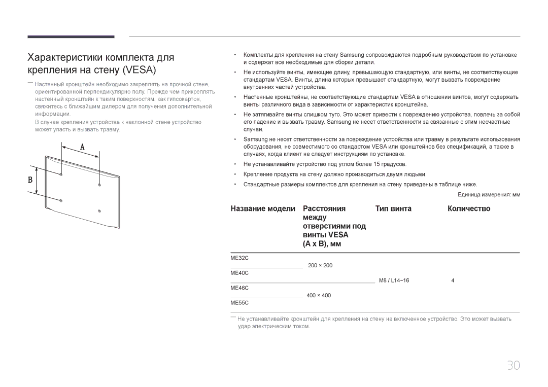 Samsung LH46MECPLGC/EN, LH32MECPLGC/EN, LH55MECPLGC/EN, LH40MECPLGC/EN Характеристики комплекта для крепления на стену Vesa 
