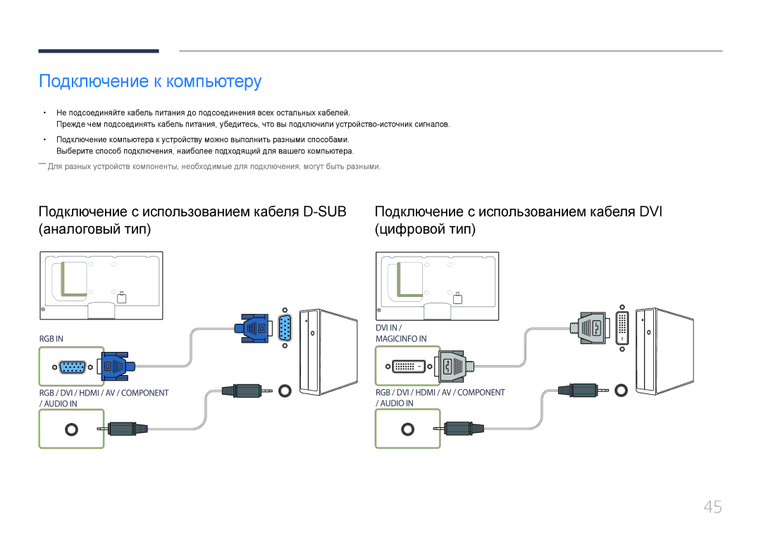 Samsung LH55MECPLGC/EN, LH32MECPLGC/EN, LH46MECPLGC/EN, LH40MECPLGC/EN manual Подключение к компьютеру 