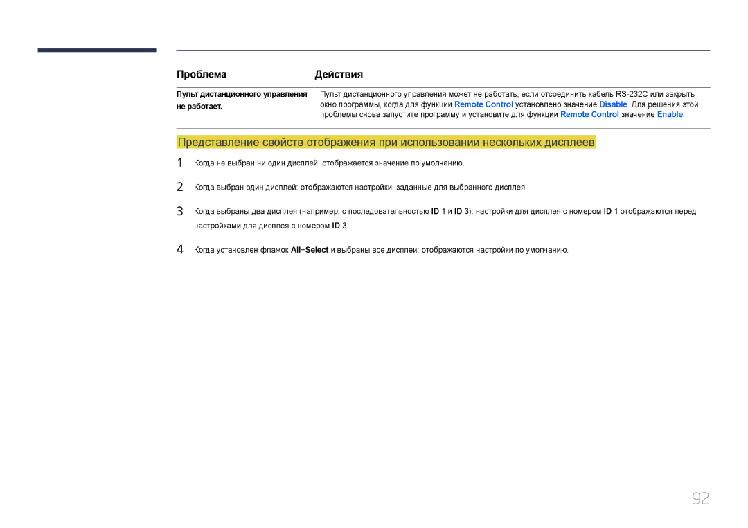 Samsung LH32MECPLGC/EN, LH55MECPLGC/EN, LH46MECPLGC/EN, LH40MECPLGC/EN manual ПроблемаДействия 