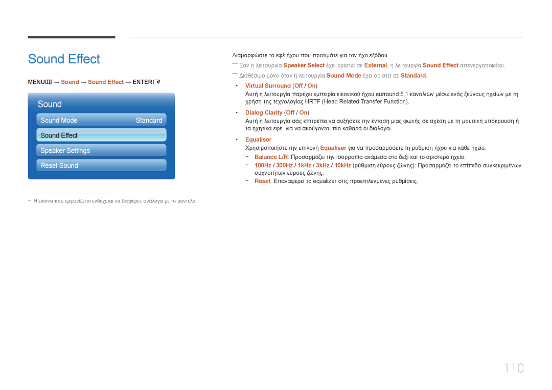 Samsung LH46MECPLGC/EN, LH32MECPLGC/EN, LH55MECPLGC/EN, LH40MECPLGC/EN manual Sound Effect, 110 