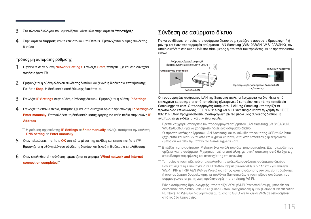 Samsung LH40MECPLGC/EN 115, Σύνδεση σε ασύρματο δίκτυο, Address, DNS setting σε Enter manually, Connection completed 