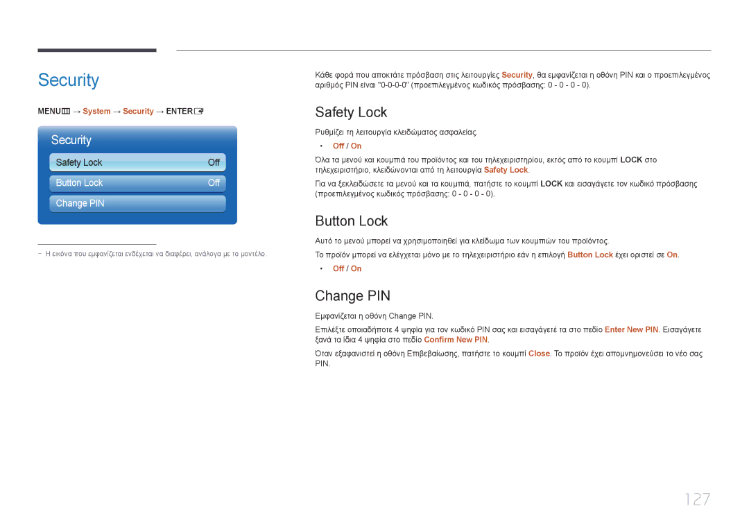 Samsung LH40MECPLGC/EN, LH32MECPLGC/EN, LH55MECPLGC/EN, LH46MECPLGC/EN Security, 127, Safety Lock, Button Lock, Change PIN 