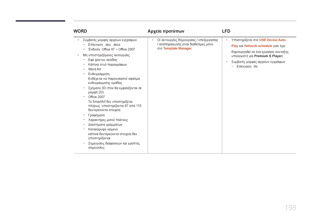 Samsung LH55MECPLGC/EN, LH32MECPLGC/EN, LH46MECPLGC/EN manual 193, Αρχεία προτύπων, Play και Network schedule εάν έχει 