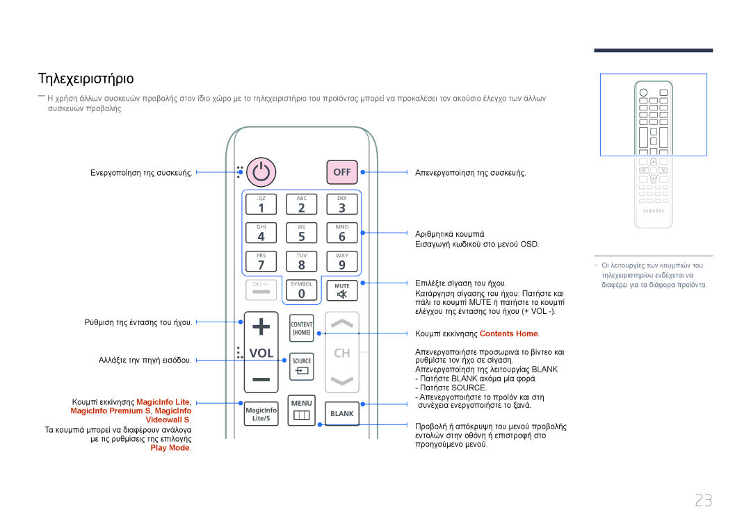 Samsung LH40MECPLGC/EN, LH32MECPLGC/EN, LH55MECPLGC/EN, LH46MECPLGC/EN manual Τηλεχειριστήριο, Off 