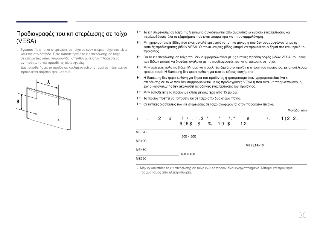 Samsung LH46MECPLGC/EN, LH32MECPLGC/EN, LH55MECPLGC/EN, LH40MECPLGC/EN manual Προδιαγραφές του κιτ στερέωσης σε τοίχο Vesa 