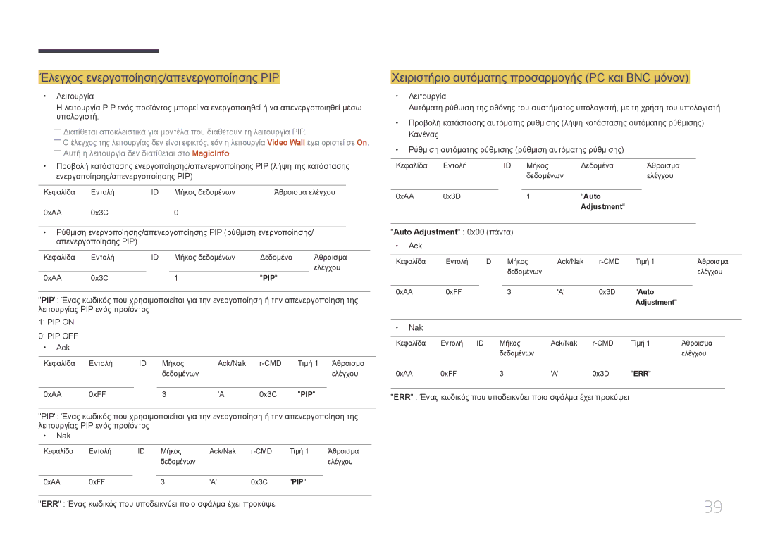 Samsung LH40MECPLGC/EN manual Έλεγχος ενεργοποίησης/απενεργοποίησης PIP, Χειριστήριο αυτόματης προσαρμογής PC και BNC μόνον 