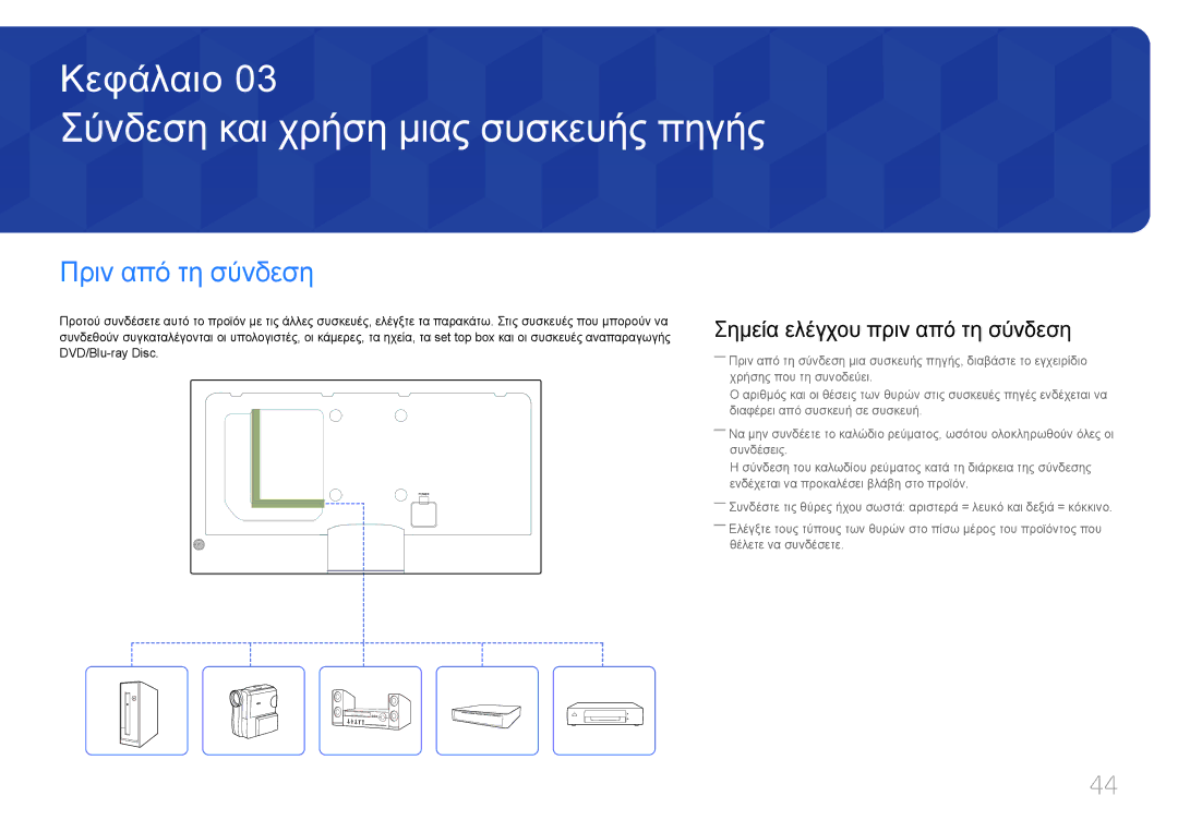 Samsung LH32MECPLGC/EN Σύνδεση και χρήση μιας συσκευής πηγής, Πριν από τη σύνδεση, Σημεία ελέγχου πριν από τη σύνδεση 