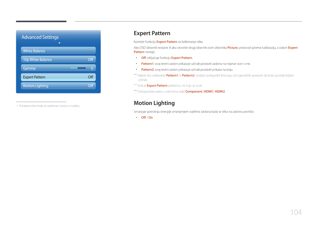 Samsung LH32MECPLGC/EN, LH55MECPLGC/EN, LH46MECPLGC/EN, LH40MECPLGC/EN manual 104, Expert Pattern, Motion Lighting 