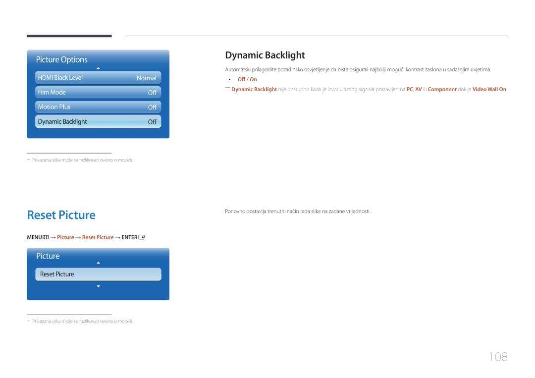 Samsung LH32MECPLGC/EN, LH55MECPLGC/EN, LH46MECPLGC/EN 108, Dynamic Backlight, MENUm → Picture → Reset Picture → Entere 