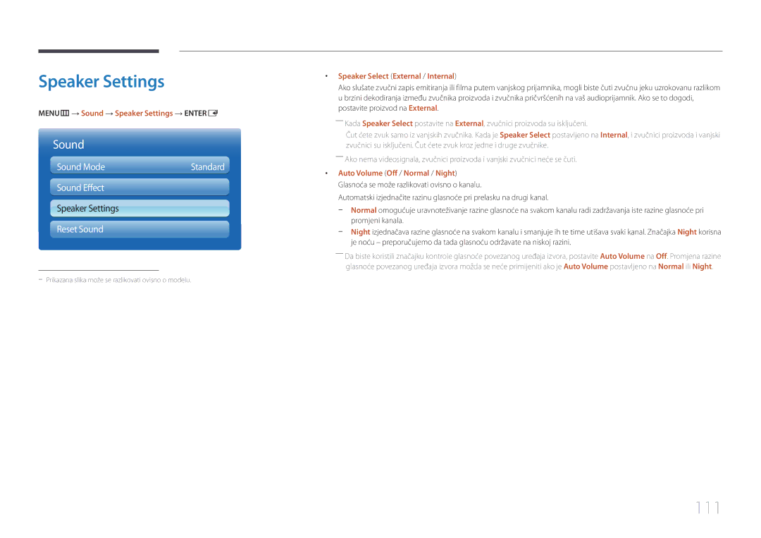 Samsung LH40MECPLGC/EN manual 111, MENUm → Sound → Speaker Settings → Entere, Speaker Select External / Internal 