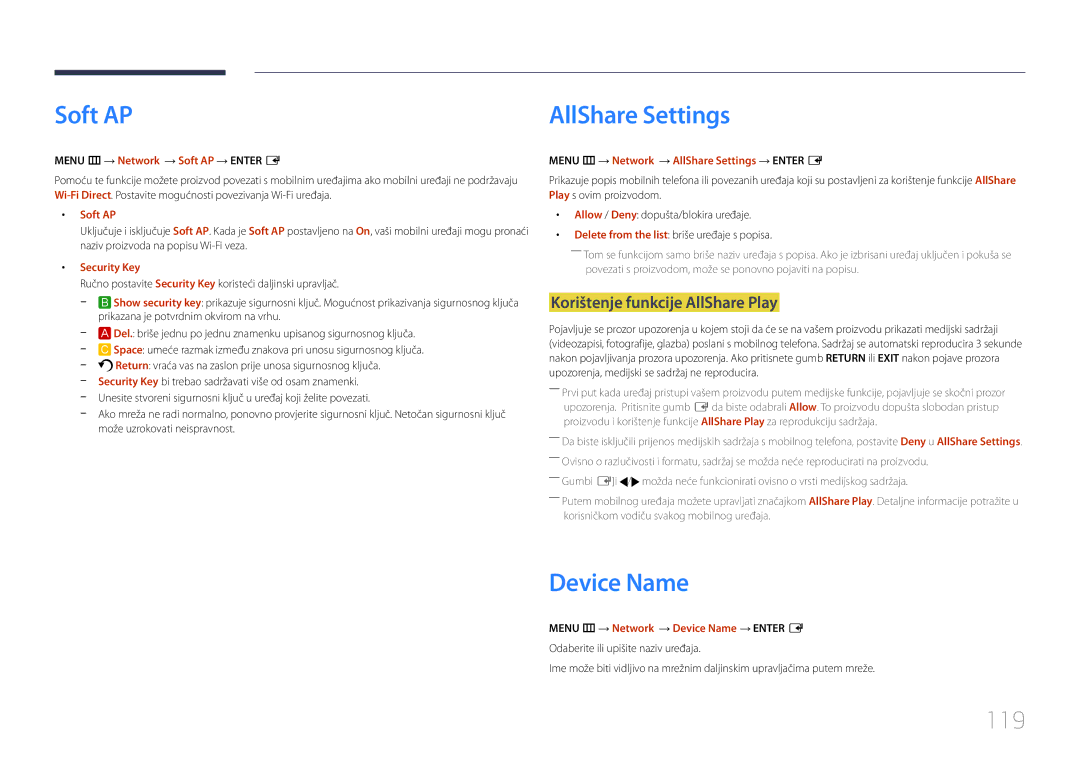 Samsung LH40MECPLGC/EN, LH32MECPLGC/EN, LH55MECPLGC/EN manual Soft AP, Device Name, 119, Korištenje funkcije AllShare Play 