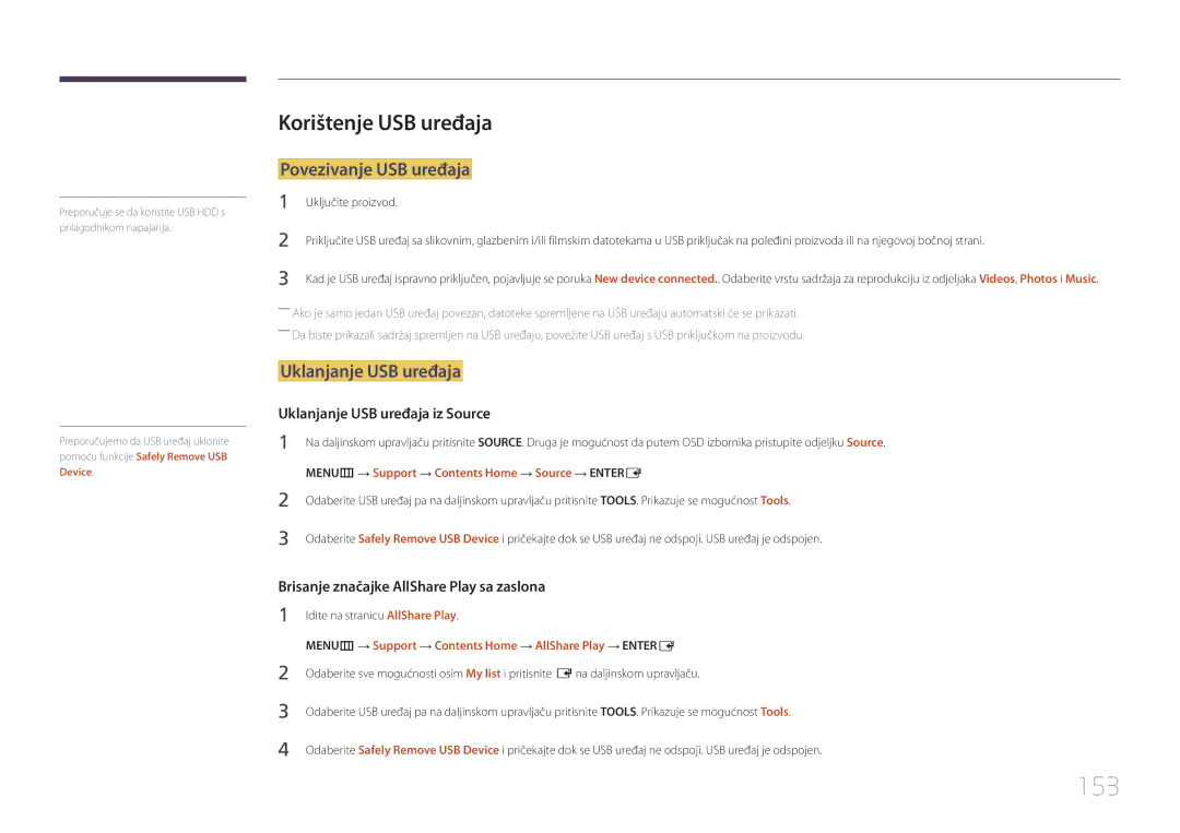 Samsung LH55MECPLGC/EN, LH32MECPLGC/EN manual 153, Korištenje USB uređaja, Povezivanje USB uređaja, Uklanjanje USB uređaja 