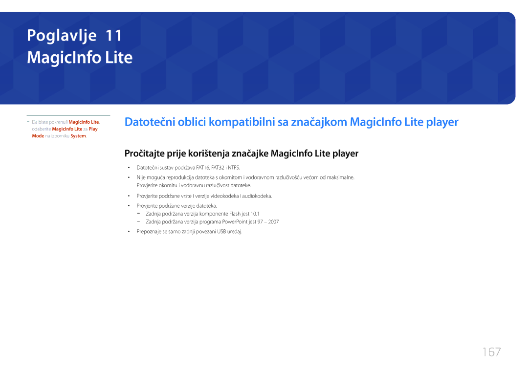 Samsung LH40MECPLGC/EN, LH32MECPLGC/EN, LH55MECPLGC/EN 167, Pročitajte prije korištenja značajke MagicInfo Lite player 