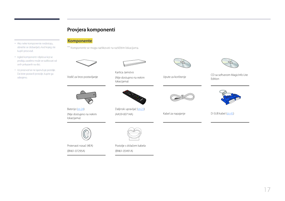 Samsung LH55MECPLGC/EN, LH32MECPLGC/EN, LH46MECPLGC/EN, LH40MECPLGC/EN manual Provjera komponenti, Komponente 