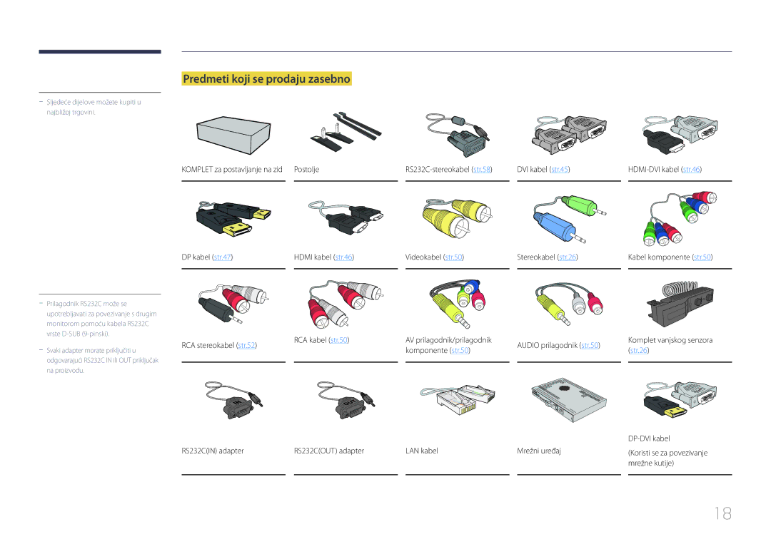 Samsung LH46MECPLGC/EN manual Predmeti koji se prodaju zasebno, Komplet za postavljanje na zid Postolje, DVI kabel str.45 