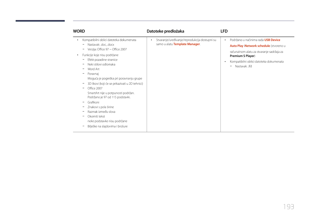 Samsung LH55MECPLGC/EN, LH32MECPLGC/EN manual 193, Datoteke predložaka, Stvaranje/uređivanje/reprodukcija dostupni su 