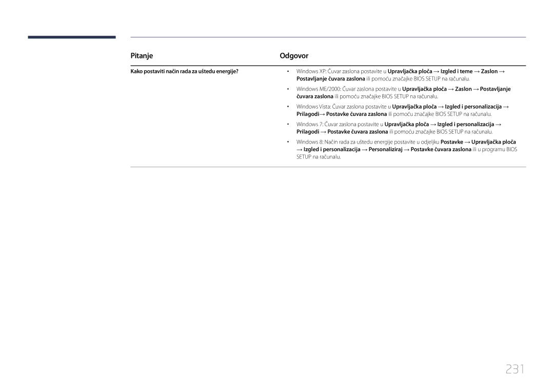 Samsung LH40MECPLGC/EN, LH32MECPLGC/EN, LH55MECPLGC/EN manual 231, Pitanje, Kako postaviti način rada za uštedu energije? 