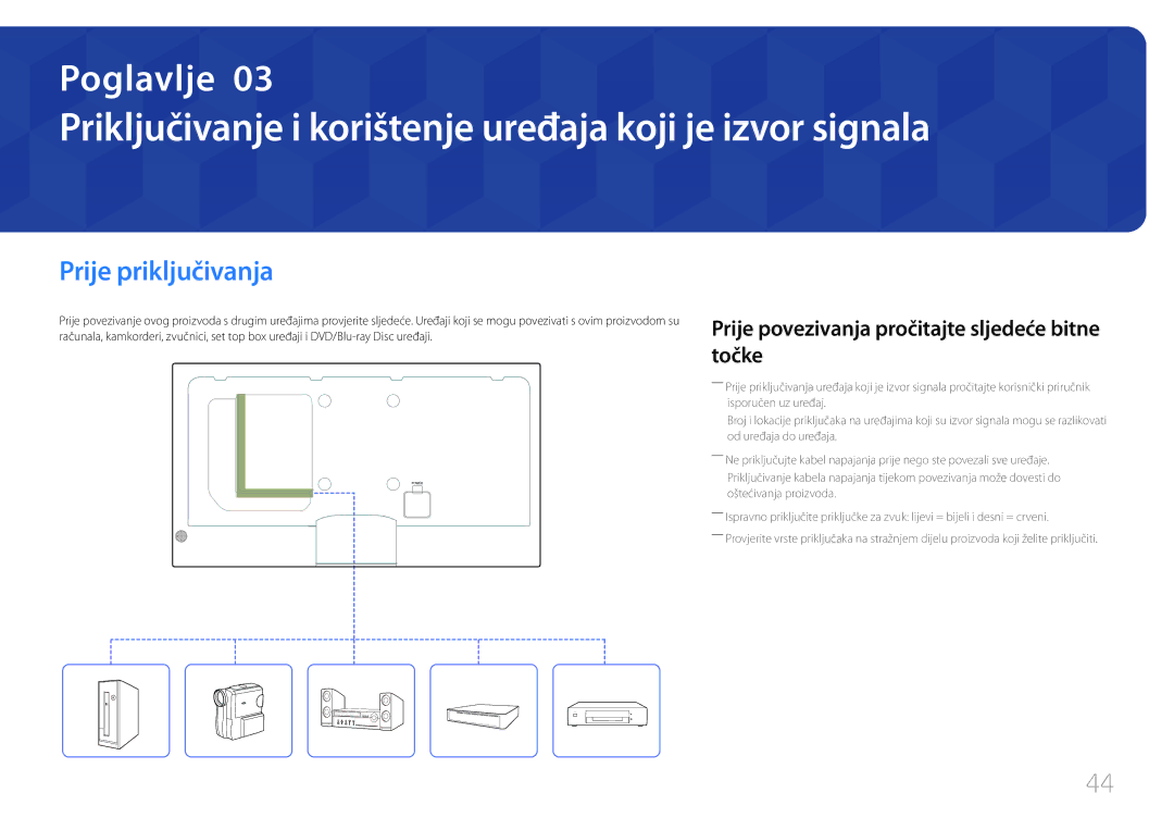 Samsung LH32MECPLGC/EN, LH55MECPLGC/EN Priključivanje i korištenje uređaja koji je izvor signala, Prije priključivanja 