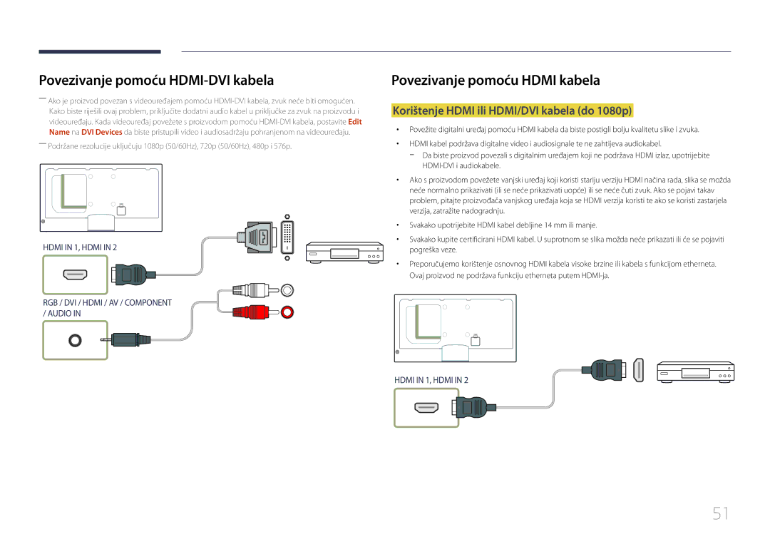 Samsung LH40MECPLGC/EN, LH32MECPLGC/EN manual Povezivanje pomoću Hdmi kabela, Korištenje Hdmi ili HDMI/DVI kabela do 1080p 