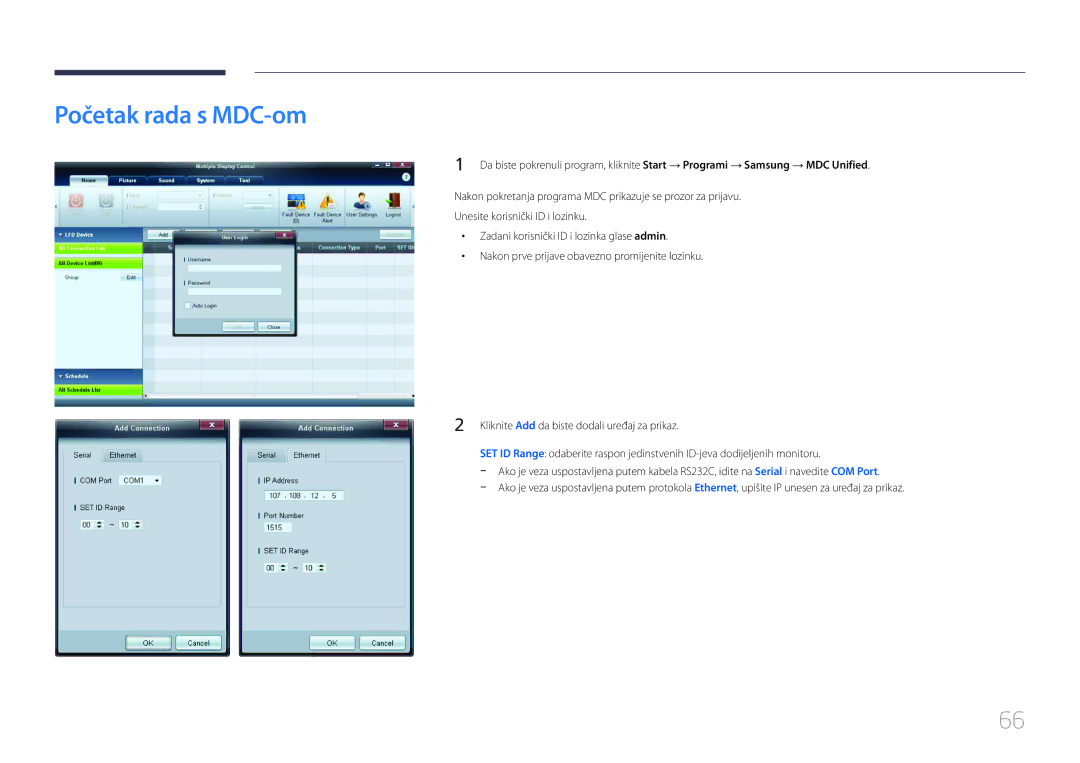 Samsung LH46MECPLGC/EN, LH32MECPLGC/EN, LH55MECPLGC/EN, LH40MECPLGC/EN manual Početak rada s MDC-om 