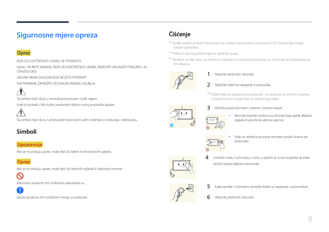 Samsung LH32MECPLGC/EN, LH55MECPLGC/EN Sigurnosne mjere opreza, Čišćenje, Simboli, Oprez, Isključite proizvod i računalo 