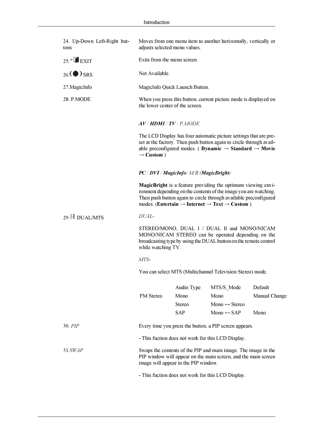 Samsung LH32MGPLBC/XY, LH32MGPPBC/EN, LH32MGPLBC/XJ, LH32MGTPBC/XJ, LH32MGTLBC/XJ manual AV / Hdmi / TV P.MODE, Dual, Mts, Sap 