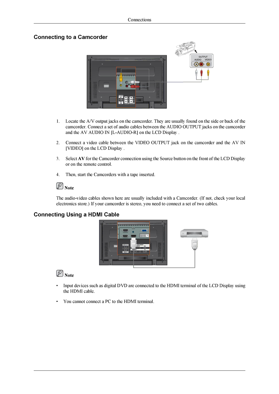 Samsung LH32MGPPBC/EN, LH32MGPLBC/XJ, LH32MGTPBC/XJ, LH32MGTLBC/XJ Connecting to a Camcorder, Connecting Using a Hdmi Cable 