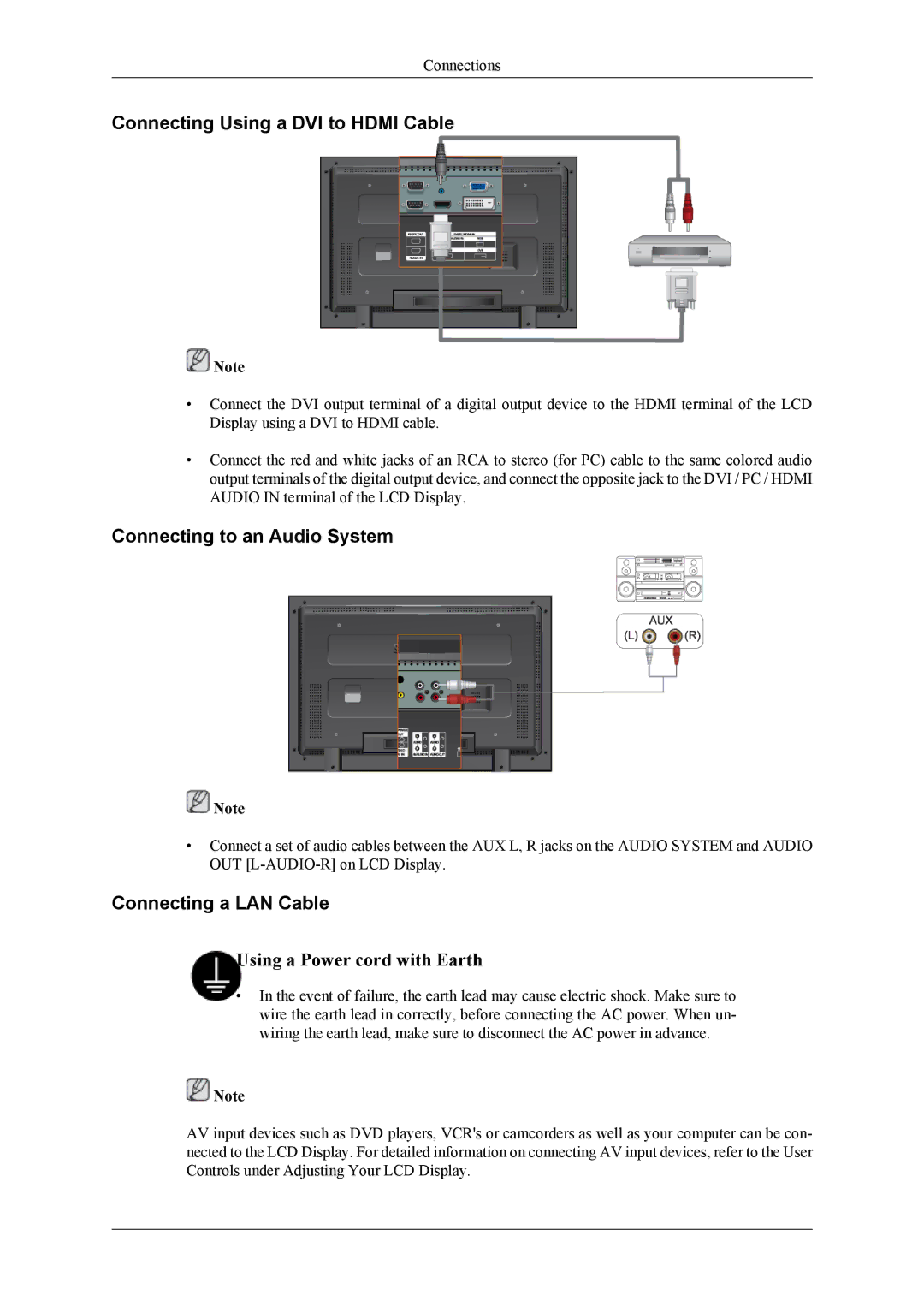 Samsung LH32MGPLBC/XJ manual Connecting Using a DVI to Hdmi Cable, Connecting to an Audio System, Connecting a LAN Cable 