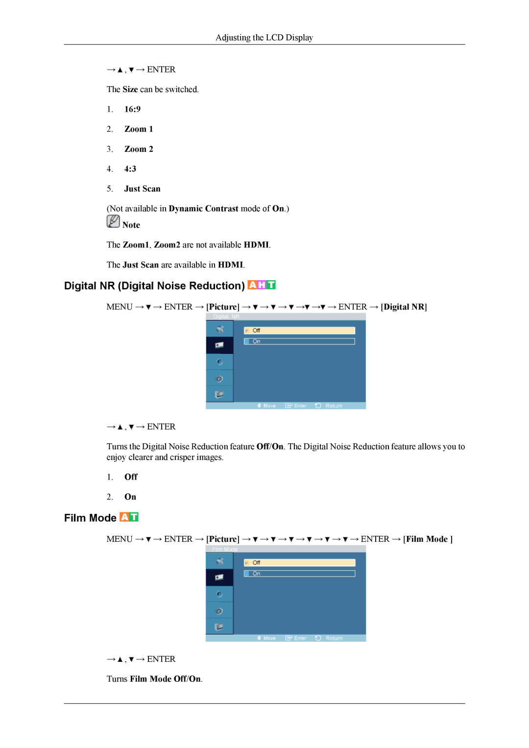 Samsung LH32MGPLBC/XJ, LH32MGPPBC/EN manual Digital NR Digital Noise Reduction, Zoom Just Scan, Turns Film Mode Off/On 