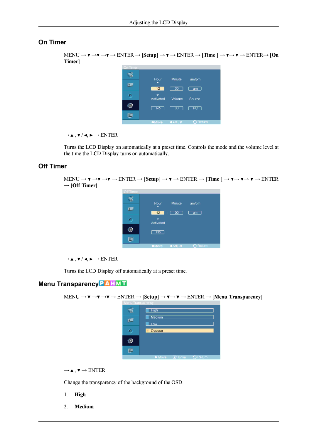 Samsung LH32MGTABU/EN, LH32MGPPBC/EN, LH32MGPLBC/XJ, LH32MGTPBC/XJ On Timer, Menu Transparency, → Off Timer, High Medium 