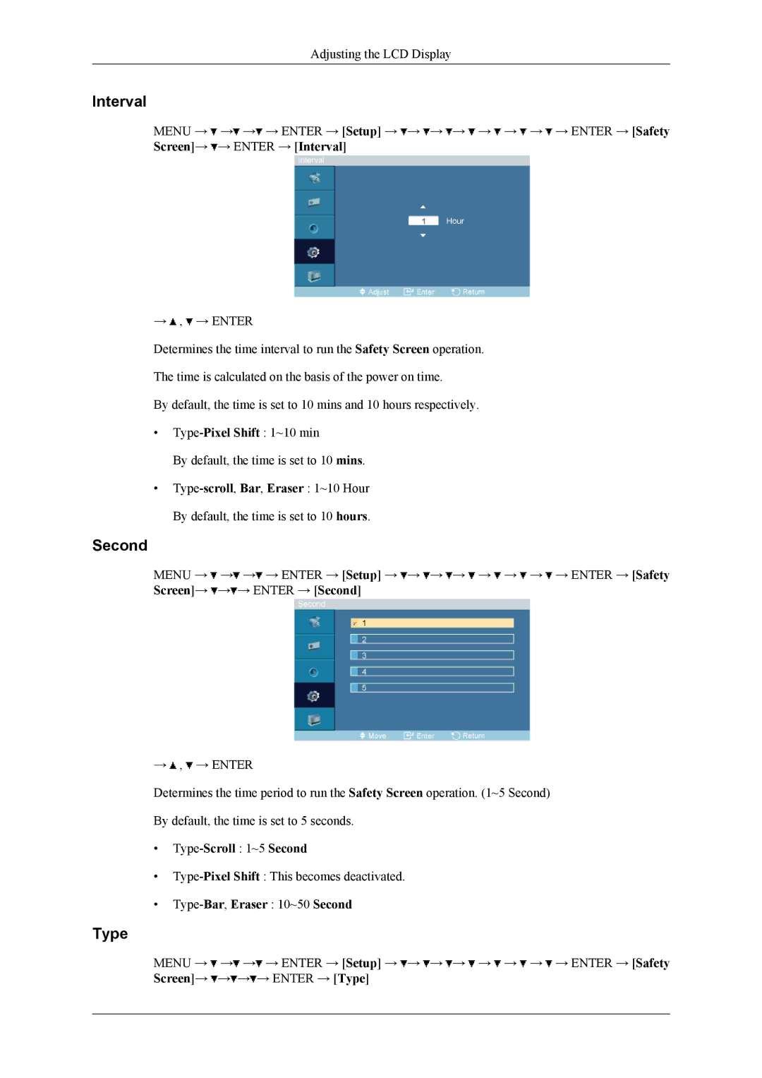 Samsung LH32MGTLBC/XY, LH32MGPPBC/EN, LH32MGPLBC/XJ Interval, Type-Scroll 1~5 Second, Type-Bar,Eraser 10~50 Second 