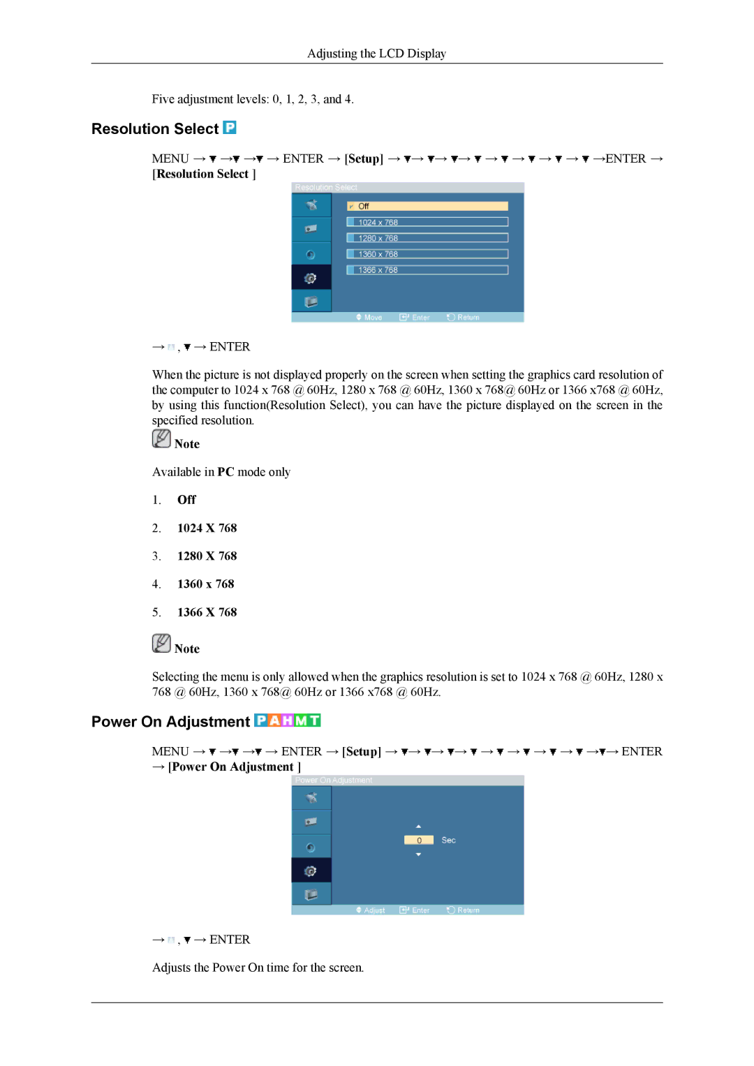 Samsung LH32MGPLBC/XJ, LH32MGPPBC/EN manual Resolution Select, Off 1024 X 1280 X 1360 x 1366 X, → Power On Adjustment 