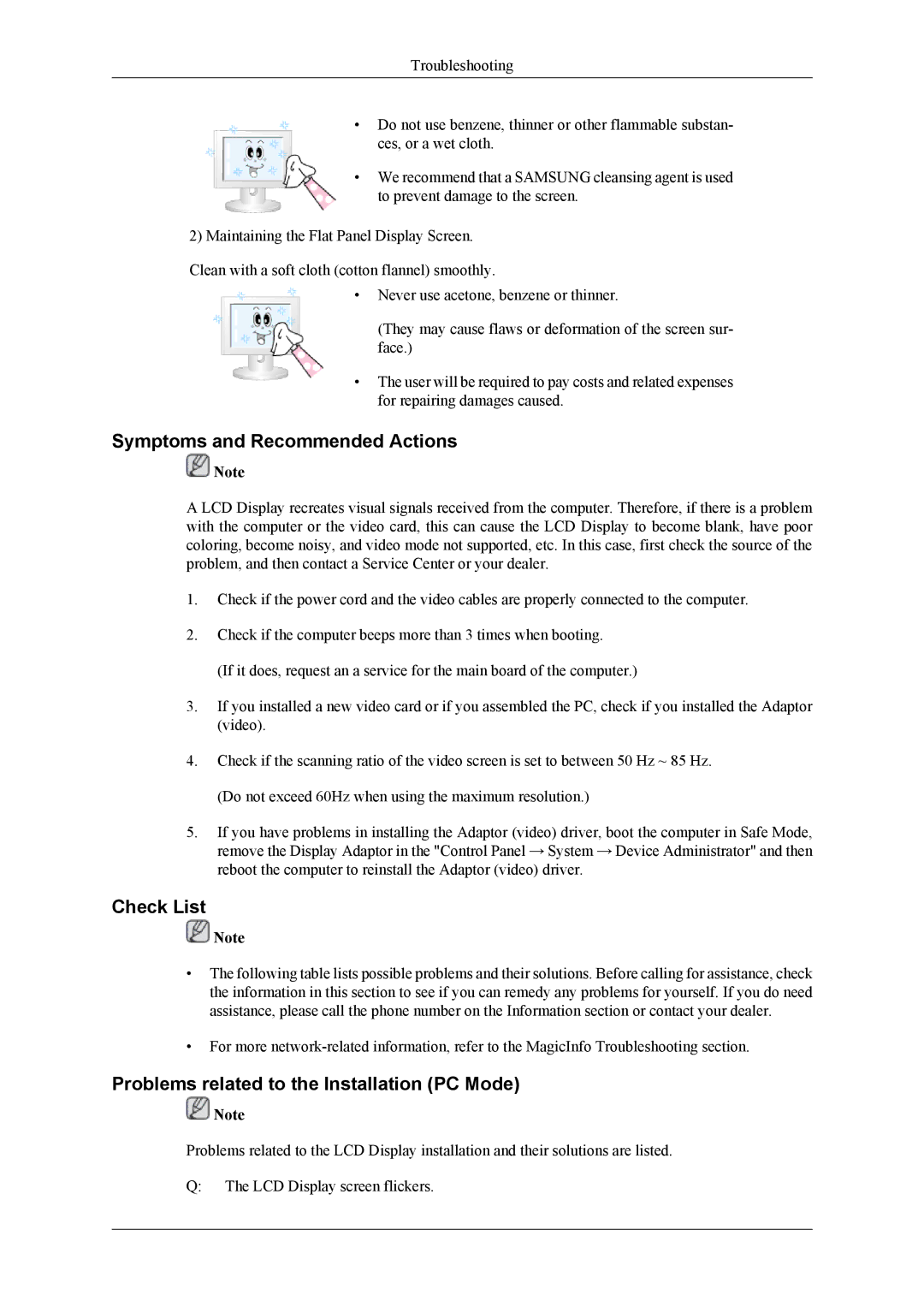 Samsung LH32MGTLBC/XJ manual Symptoms and Recommended Actions, Check List, Problems related to the Installation PC Mode 