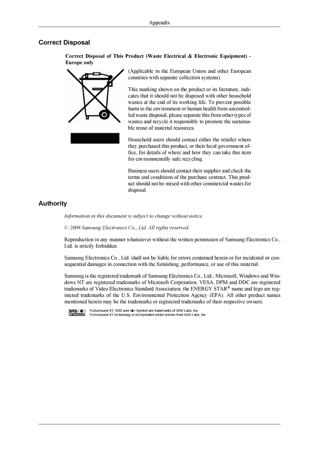 Samsung LH32MGTABU/EN, LH32MGPPBC/EN, LH32MGPLBC/XJ, LH32MGTPBC/XJ, LH32MGTLBC/XJ, LH32MGTLBC/EN Correct Disposal, Authority 