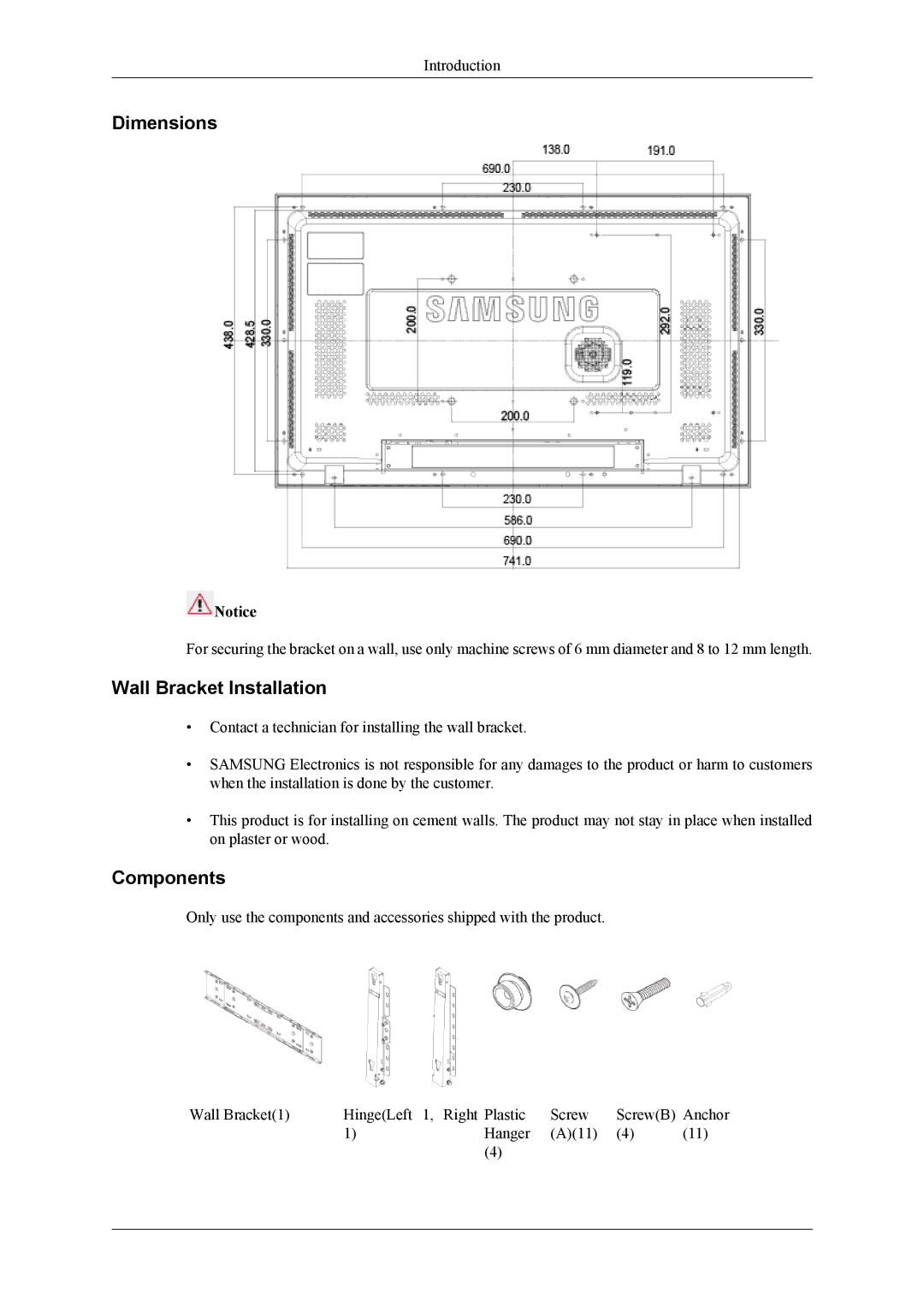 Samsung LH32MGTABU/EN, LH32MGPPBC/EN, LH32MGPLBC/XJ, LH32MGTPBC/XJ manual Dimensions, Wall Bracket Installation, Components 