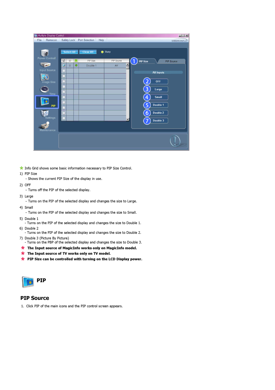 Samsung LH32MGTLBC/EN, LH32MGPPBC/EN, LH32MGPLBC/XJ, LH32MGTPBC/XJ, LH32MGTLBC/XJ, LH32MGPLBC/EN, LH32MGPLSC/EN manual PIP Source 