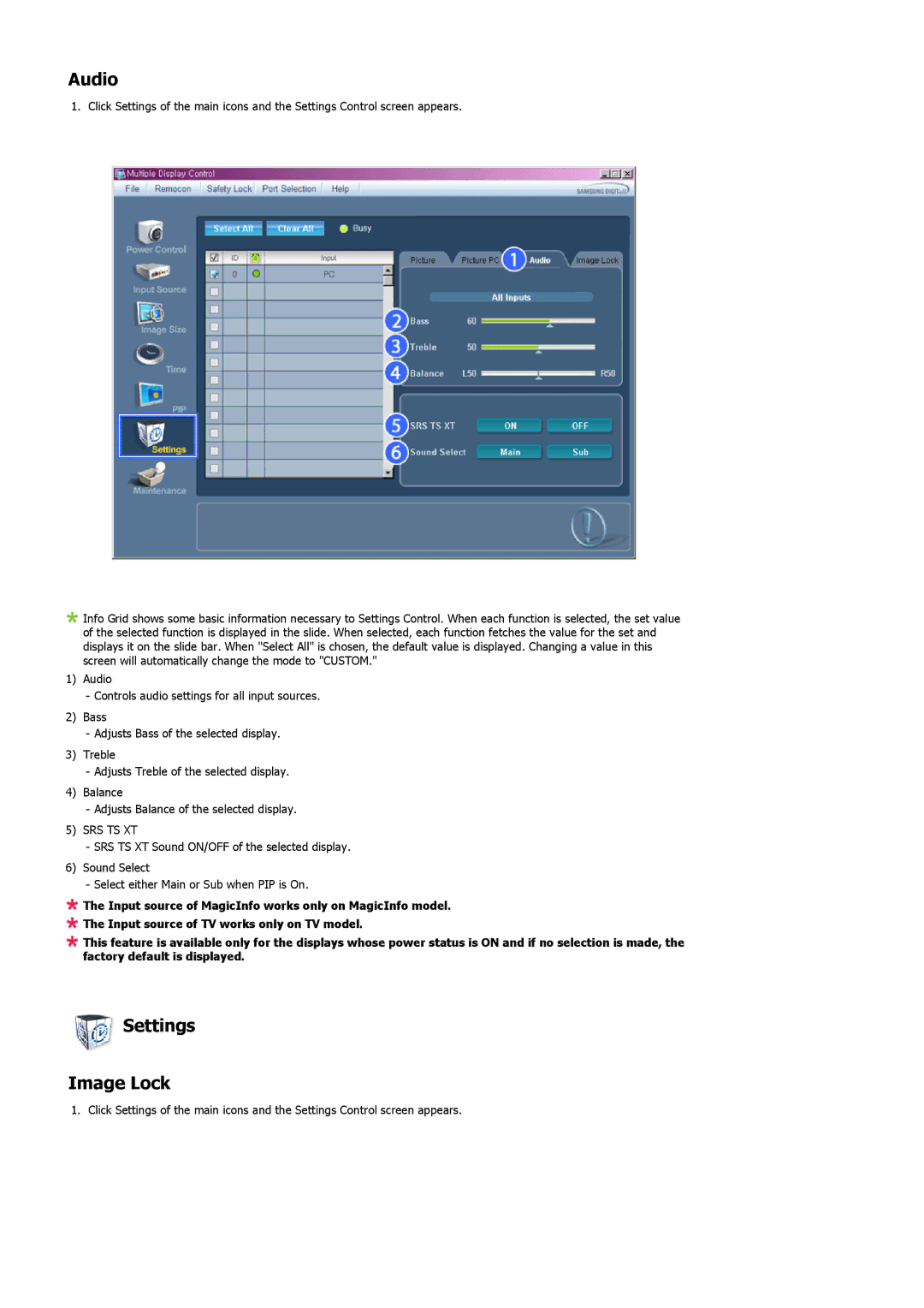 Samsung LH32MGTLBC/XV, LH32MGPPBC/EN, LH32MGPLBC/XJ, LH32MGTPBC/XJ, LH32MGTLBC/XJ, LH32MGTLBC/EN Audio, Settings Image Lock 