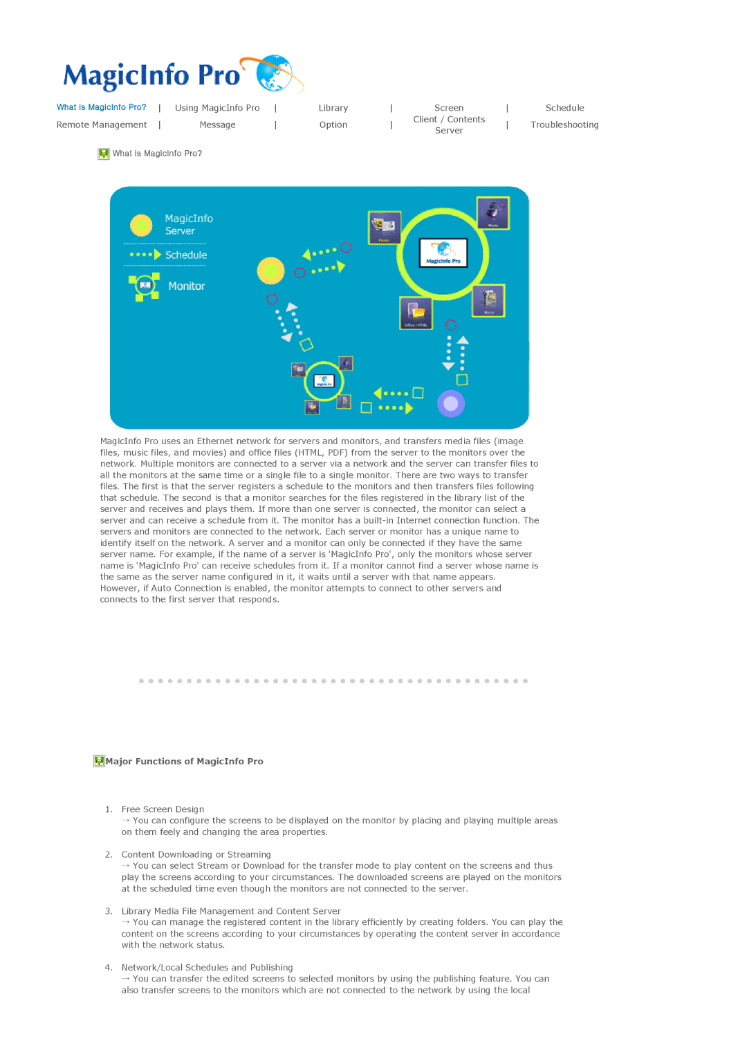 Samsung LH32MGPLBC/XJ, LH32MGPPBC/EN, LH32MGTPBC/XJ, LH32MGTLBC/XJ, LH32MGTLBC/EN manual Major Functions of MagicInfo Pro 