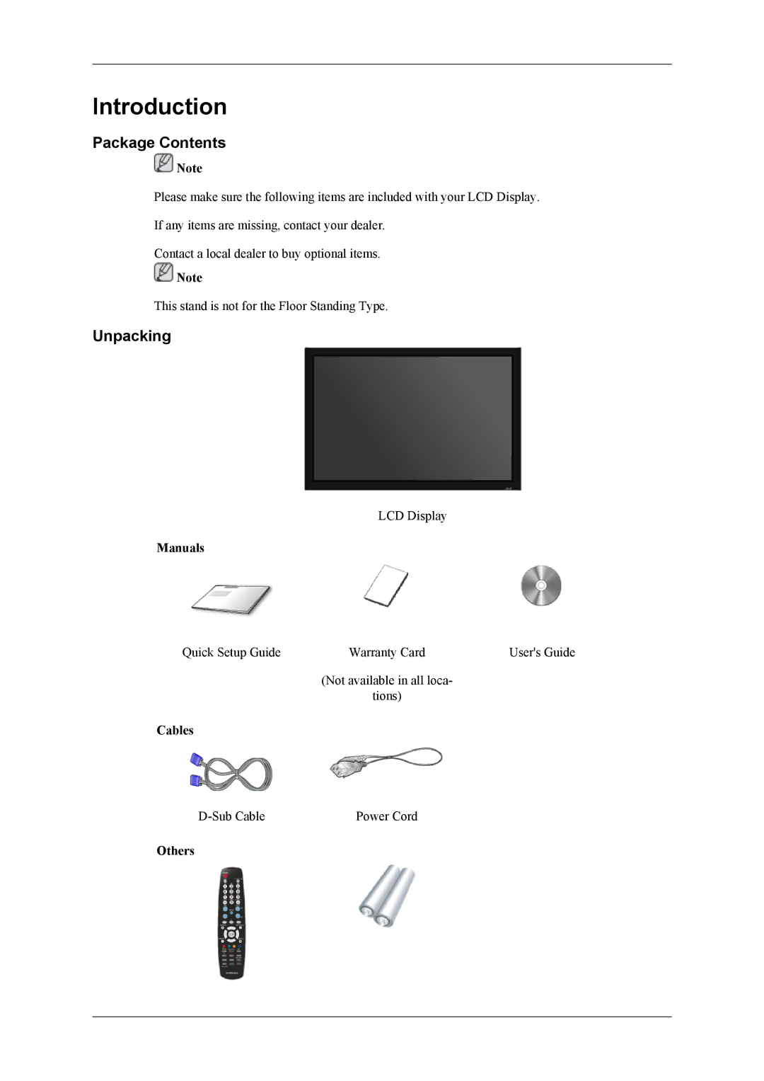 Samsung LH32MGPLBC/XV, LH32MGPPBC/EN, LH32MGPLBC/XJ, LH32MGTPBC/XJ, LH32MGTLBC/XJ, LH32MGTLBC/EN Package Contents, Unpacking 