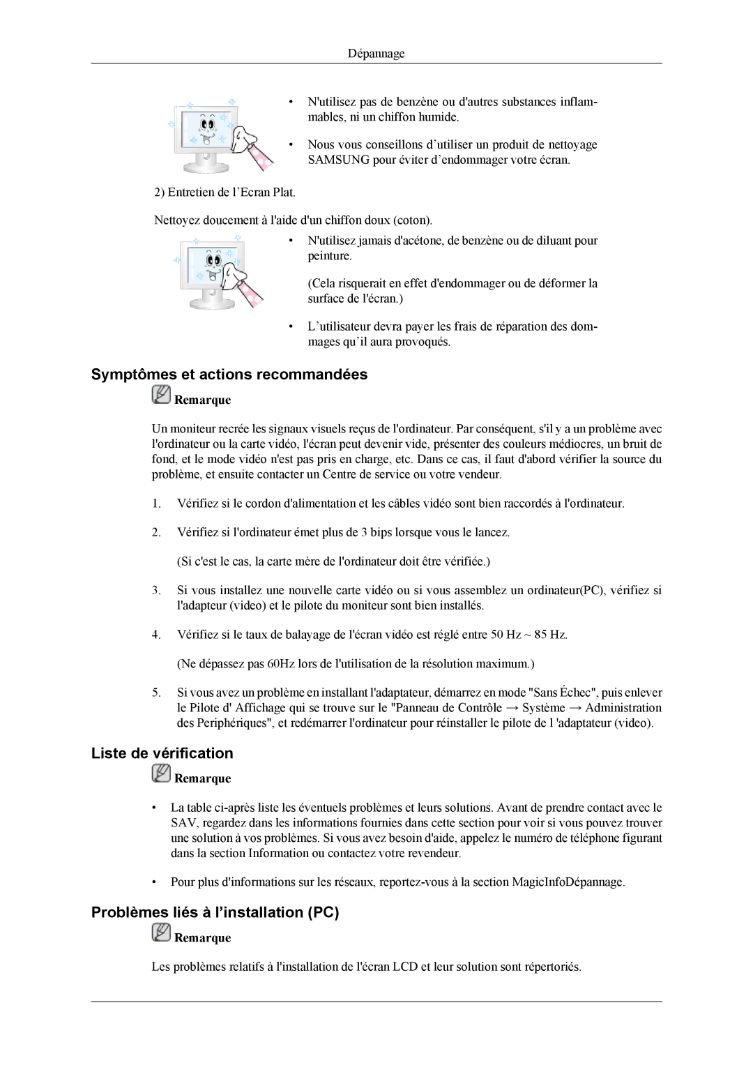 Samsung LH32MGPLBC/EN manual Symptômes et actions recommandées, Liste de vérification, Problèmes liés à l’installation PC 