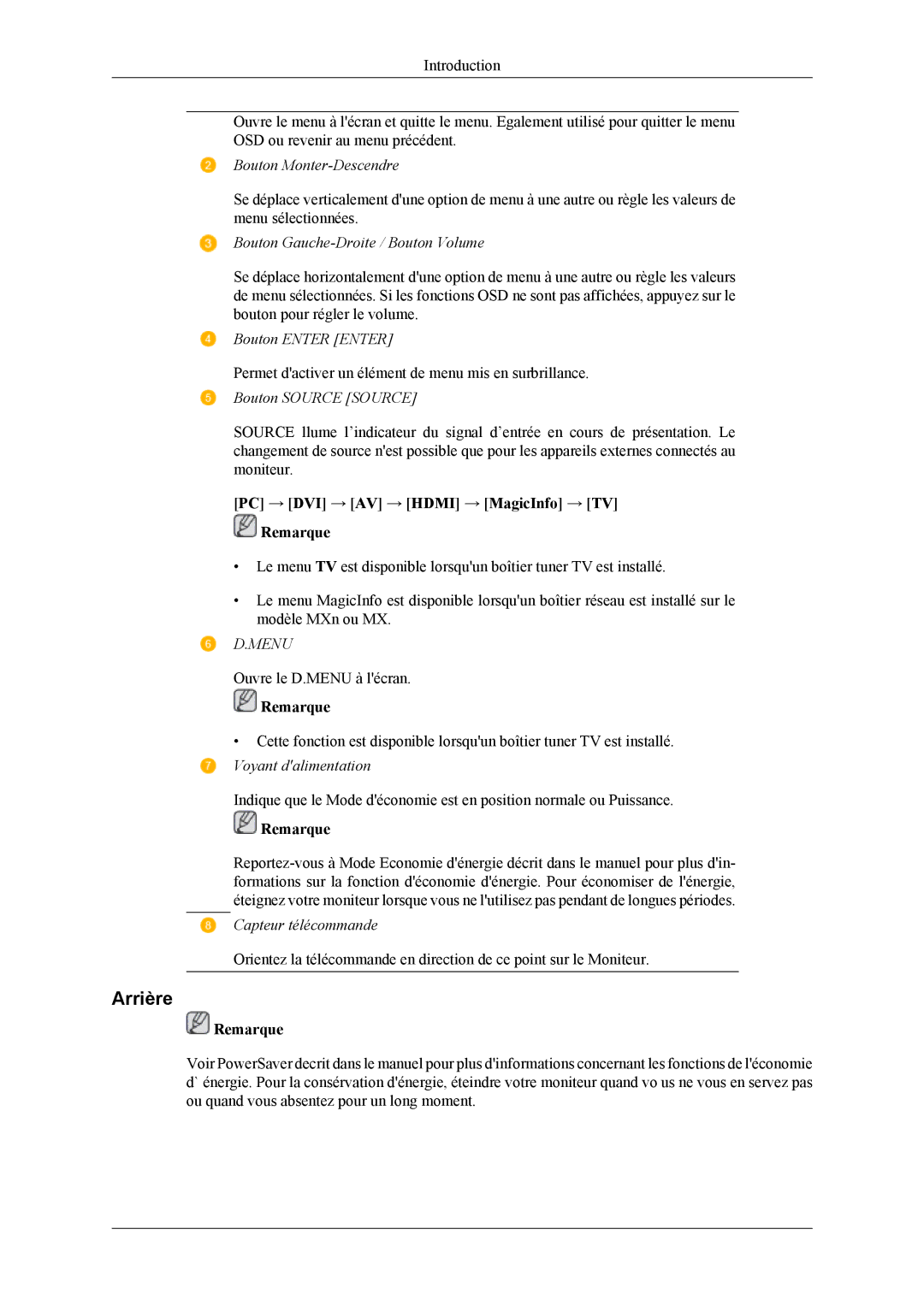 Samsung LH32MGTLBC/EN, LH32MGPPBC/EN, LH32MGPLBC/EN manual Arrière, Menu 