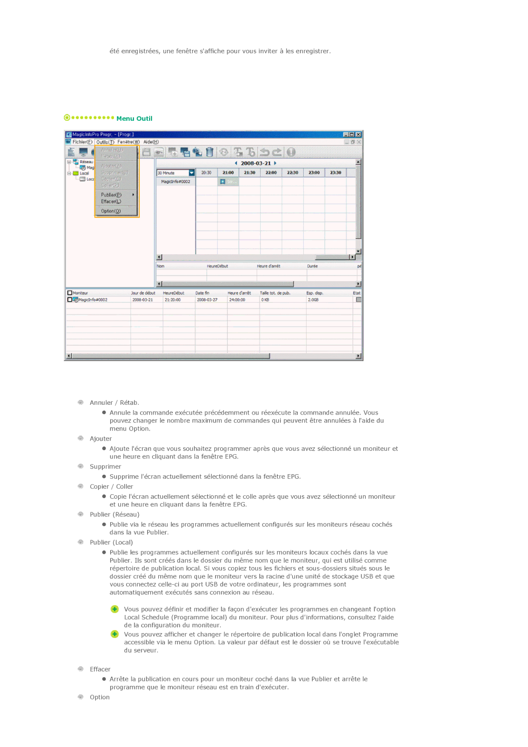 Samsung LH32MGPLBC/EN, LH32MGPPBC/EN, LH32MGTLBC/EN manual Menu Outil 