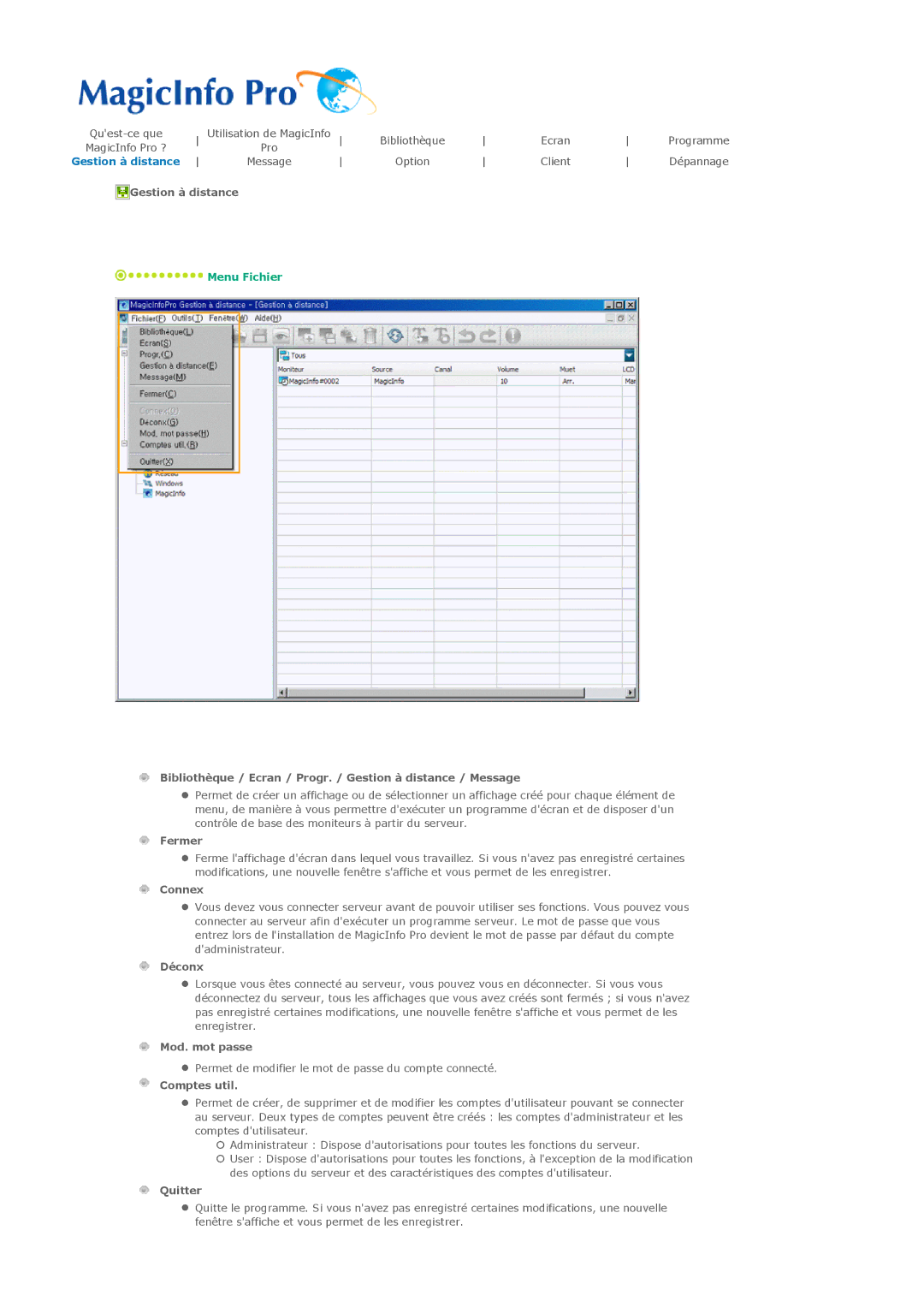 Samsung LH32MGPLBC/EN, LH32MGPPBC/EN, LH32MGTLBC/EN manual Bibliothèque / Ecran / Progr. / Gestion à distance / Message 