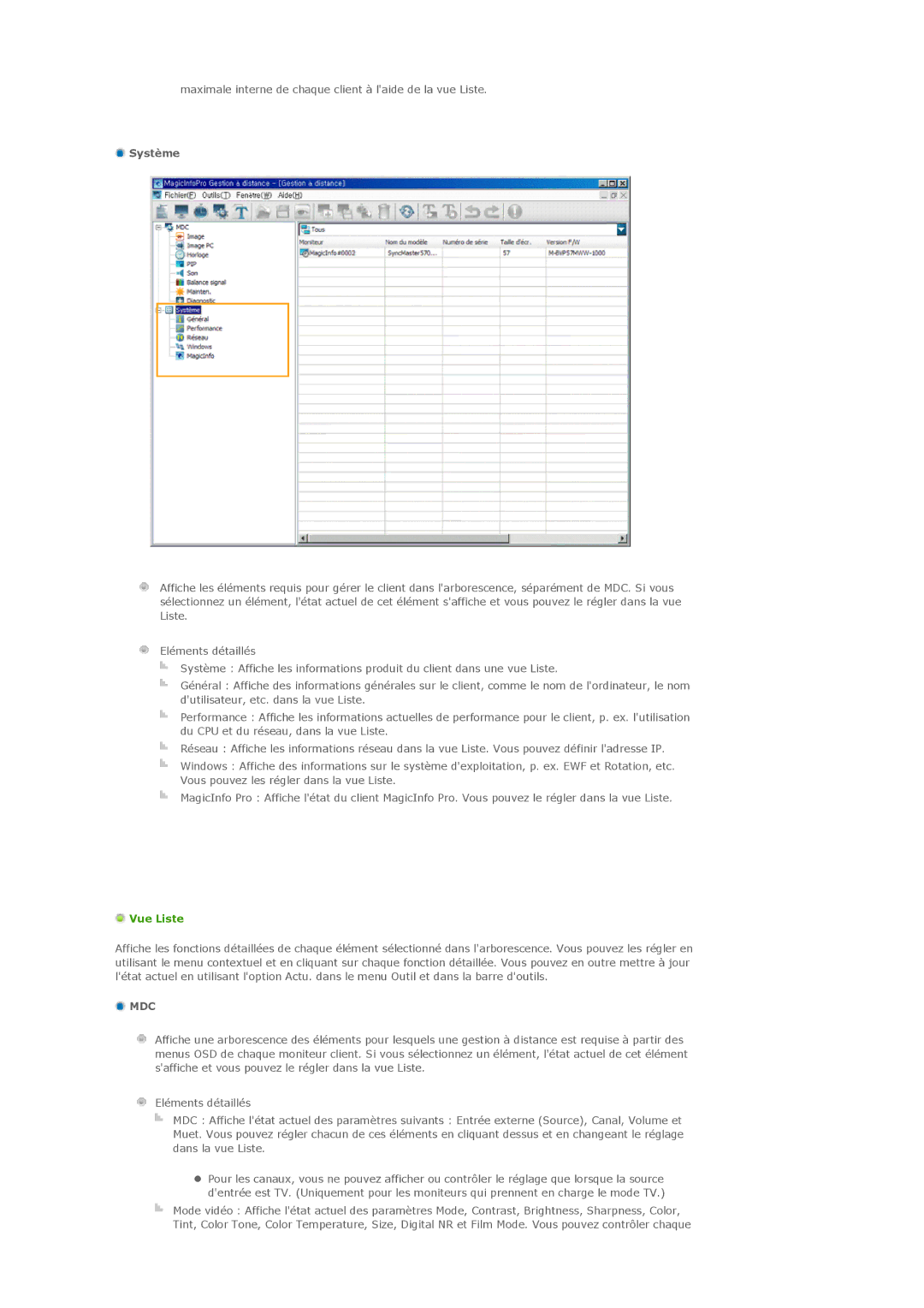 Samsung LH32MGPPBC/EN, LH32MGTLBC/EN, LH32MGPLBC/EN manual Système, Vue Liste 